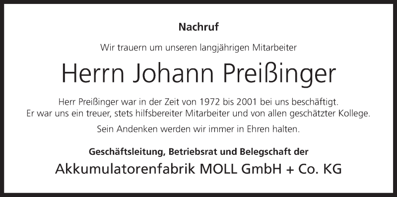  Traueranzeige für Johann Preißinger vom 20.02.2019 aus MGO