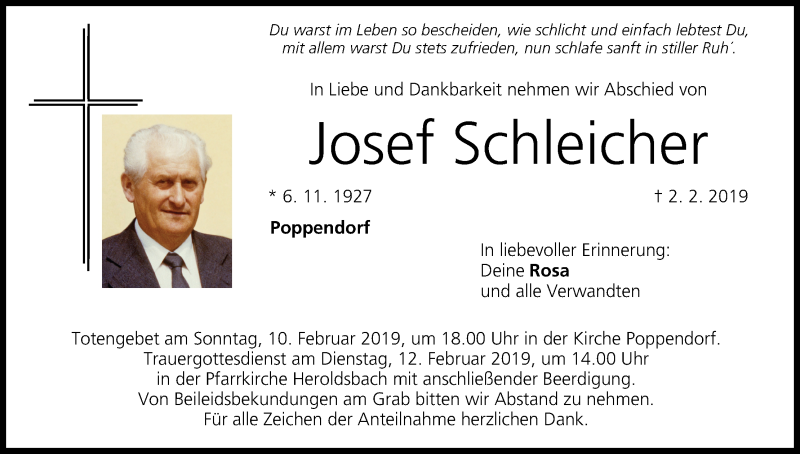  Traueranzeige für Josef Schleicher vom 09.02.2019 aus MGO