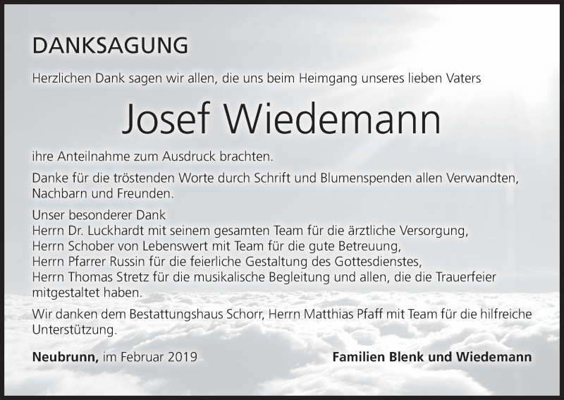  Traueranzeige für Josef Wiedemann vom 23.02.2019 aus MGO