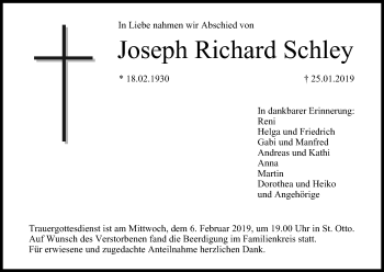 Anzeige von Joseph Richard Schley von MGO