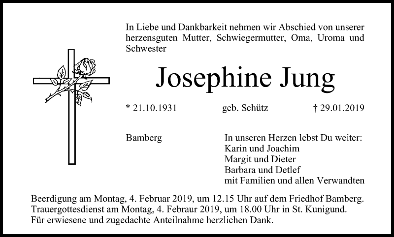  Traueranzeige für Josephine Jung vom 02.02.2019 aus MGO