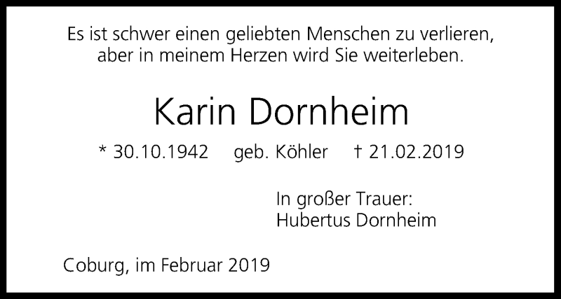  Traueranzeige für Karin Dornheim vom 26.02.2019 aus MGO