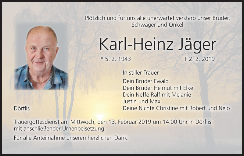  Traueranzeige für Karl-Heinz Jäger vom 09.02.2019 aus MGO