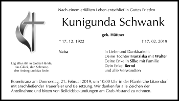 Anzeige von Kunigunda Schwank von MGO