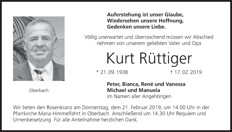 Traueranzeige für Kurt Rüttiger vom 19.02.2019 aus MGO