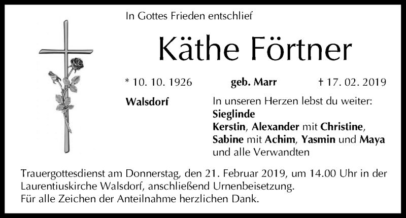  Traueranzeige für Käthe Förtner vom 19.02.2019 aus MGO