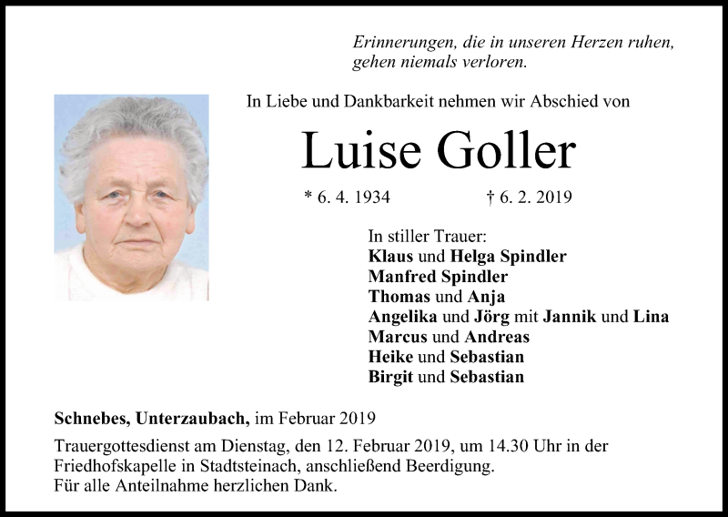  Traueranzeige für Luise Goller vom 09.02.2019 aus MGO