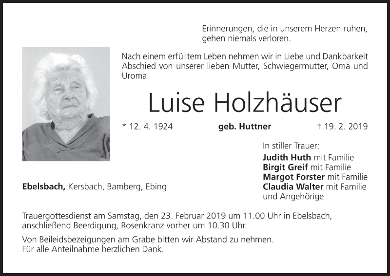  Traueranzeige für Luise Holzhäuser vom 21.02.2019 aus MGO