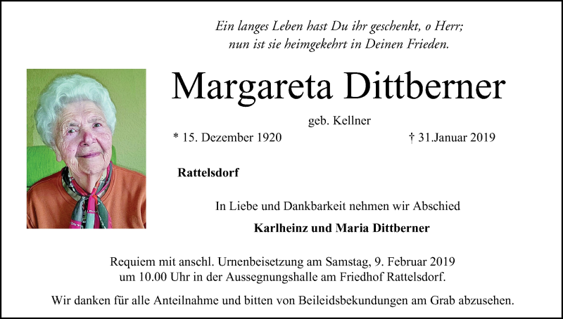  Traueranzeige für Margareta Dittbemer vom 02.02.2019 aus MGO