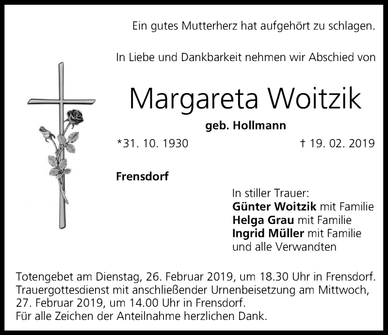  Traueranzeige für Margareta Woitzik vom 22.02.2019 aus MGO