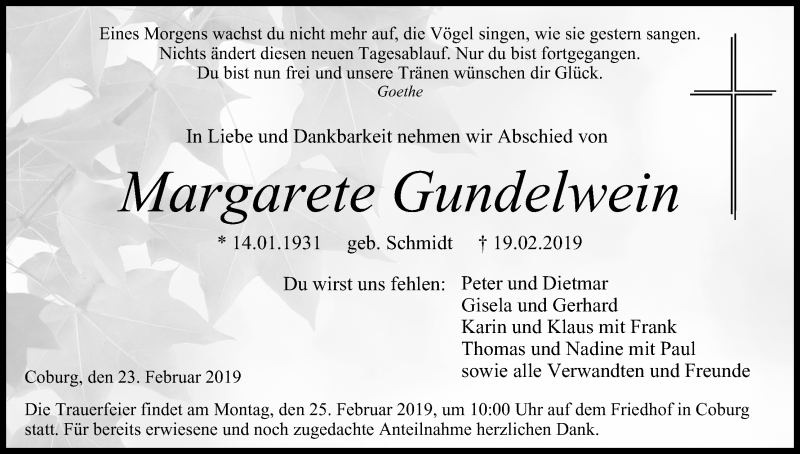  Traueranzeige für Margarete Gundelwein vom 23.02.2019 aus MGO