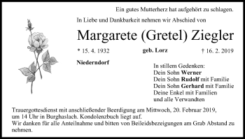 Anzeige von Margarete Gretel Ziegler von MGO