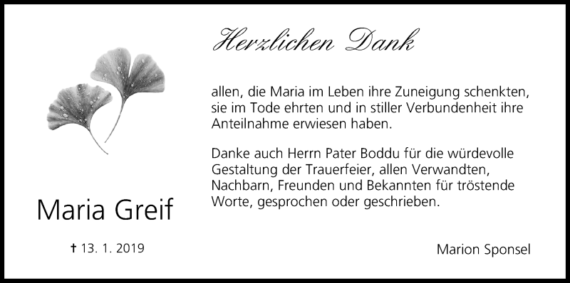  Traueranzeige für Maria Greif vom 09.02.2019 aus MGO