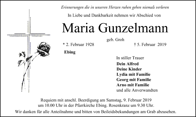  Traueranzeige für Maria Gunzelmann vom 07.02.2019 aus MGO