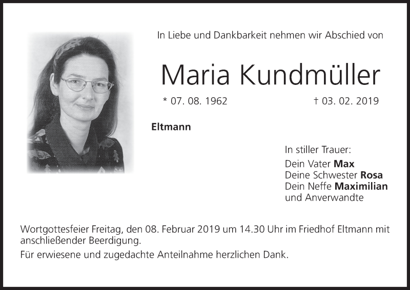  Traueranzeige für Maria Kundmüller vom 06.02.2019 aus MGO
