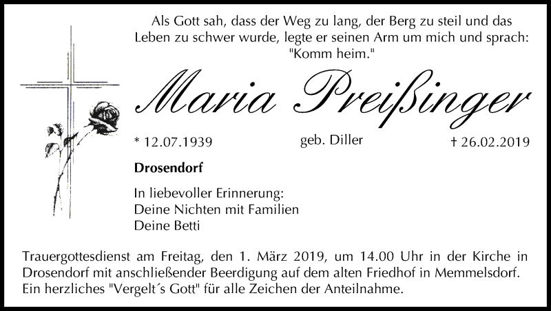  Traueranzeige für Maria Preißinger vom 27.02.2019 aus MGO