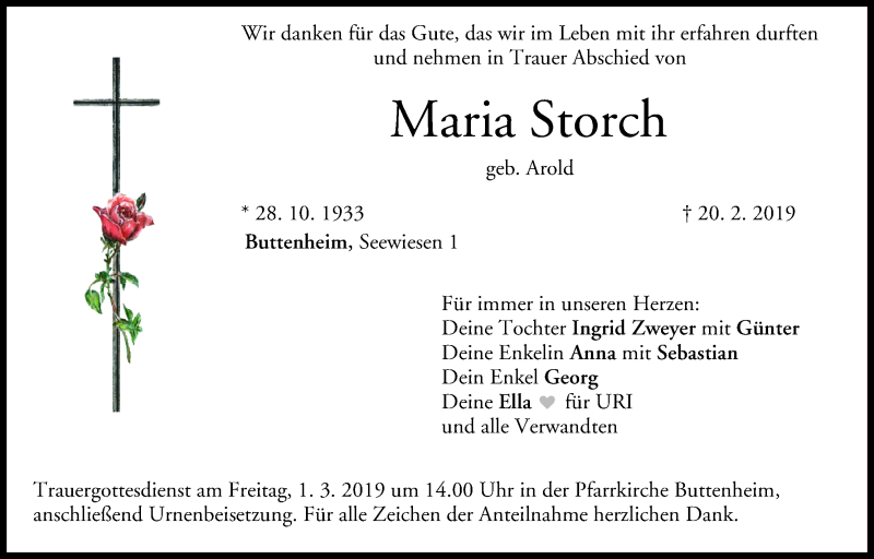  Traueranzeige für Maria Storch vom 23.02.2019 aus MGO