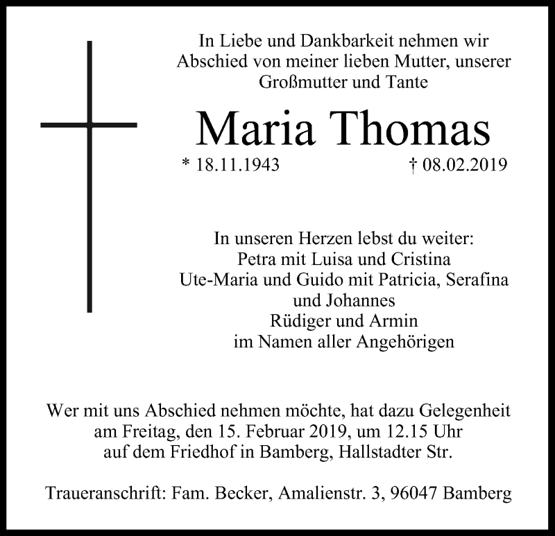  Traueranzeige für Maria Thomas vom 13.02.2019 aus MGO