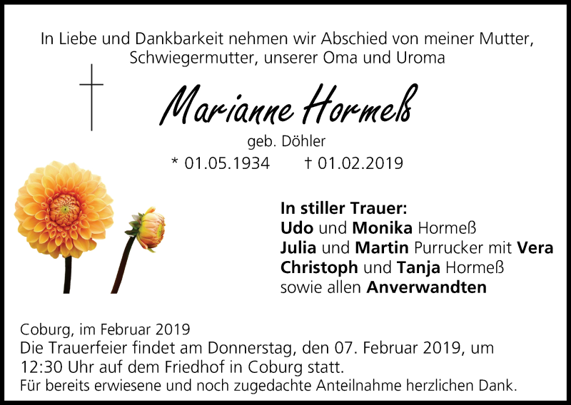  Traueranzeige für Marianne Hormeß vom 05.02.2019 aus MGO