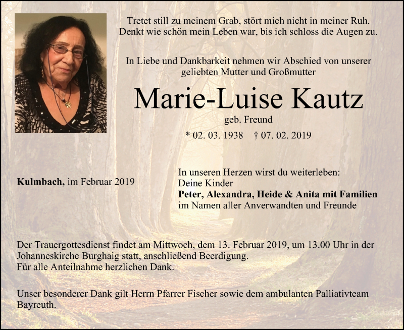  Traueranzeige für Marie-Luise Kautz vom 12.02.2019 aus MGO