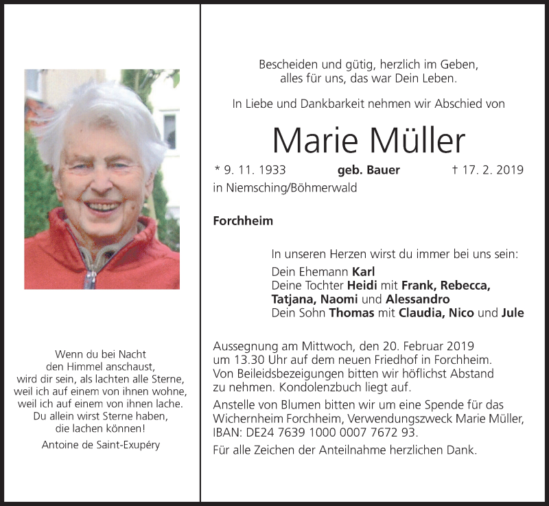  Traueranzeige für Marie Müller vom 19.02.2019 aus MGO