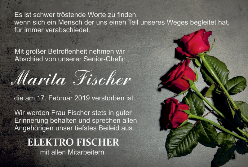  Traueranzeige für Marita Fischer vom 21.02.2019 aus MGO