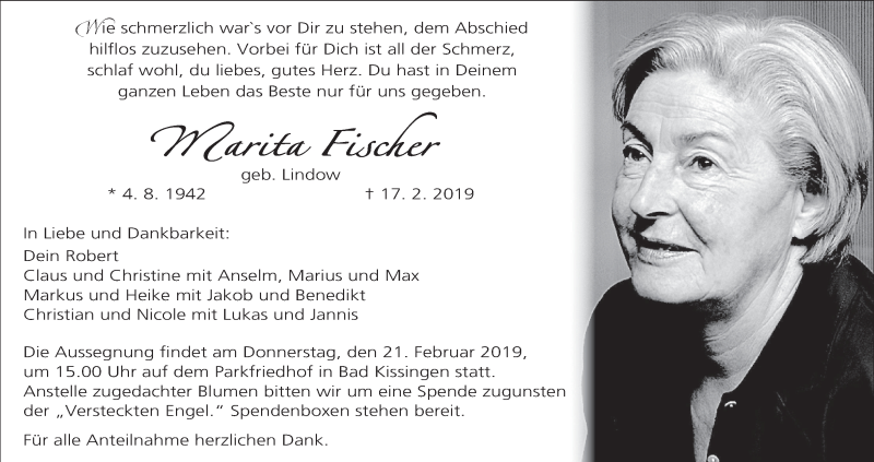  Traueranzeige für Marita Fischer vom 19.02.2019 aus MGO