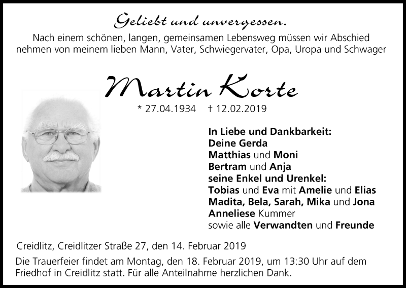  Traueranzeige für Martin Korte vom 14.02.2019 aus MGO