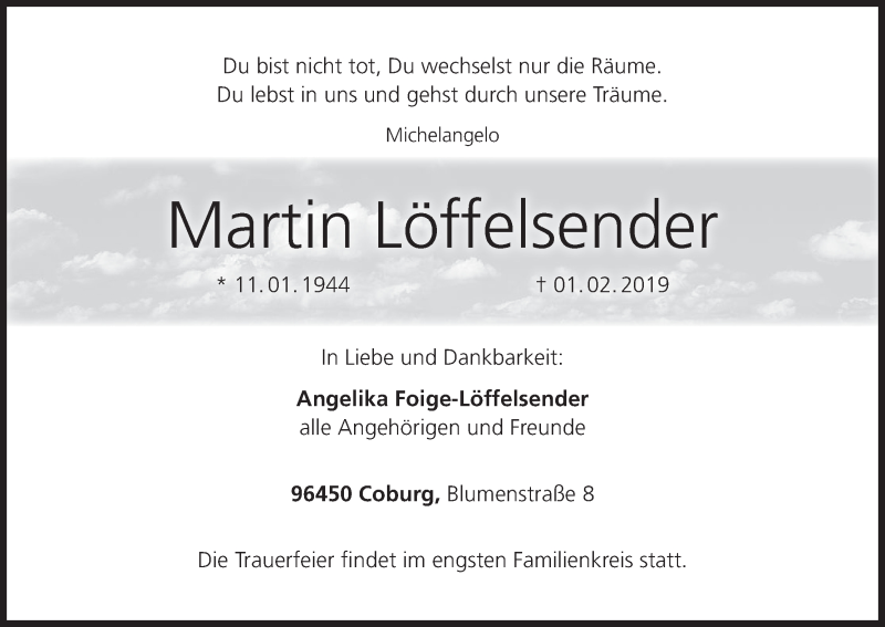  Traueranzeige für Martin Löffelsender vom 06.02.2019 aus MGO