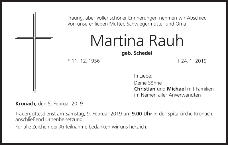  Traueranzeige für Martina Rauh vom 05.02.2019 aus MGO