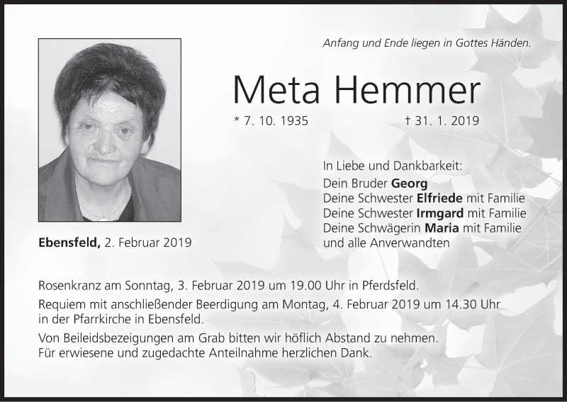 Traueranzeige für Meta Hemmer vom 02.02.2019 aus MGO