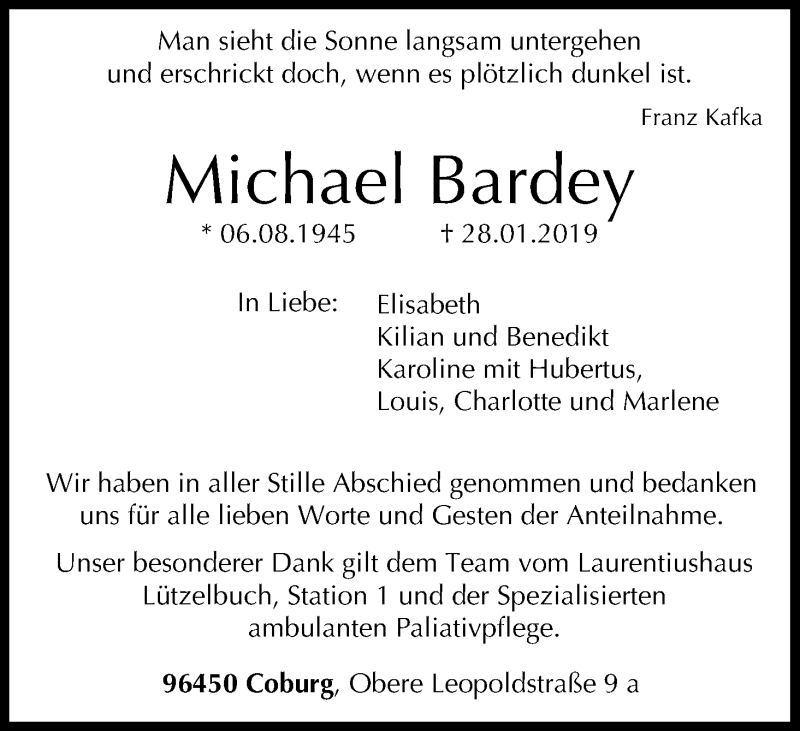  Traueranzeige für Michael Bardey vom 16.02.2019 aus MGO