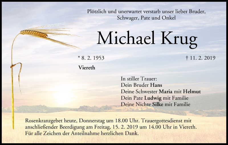  Traueranzeige für Michael Krug vom 14.02.2019 aus MGO