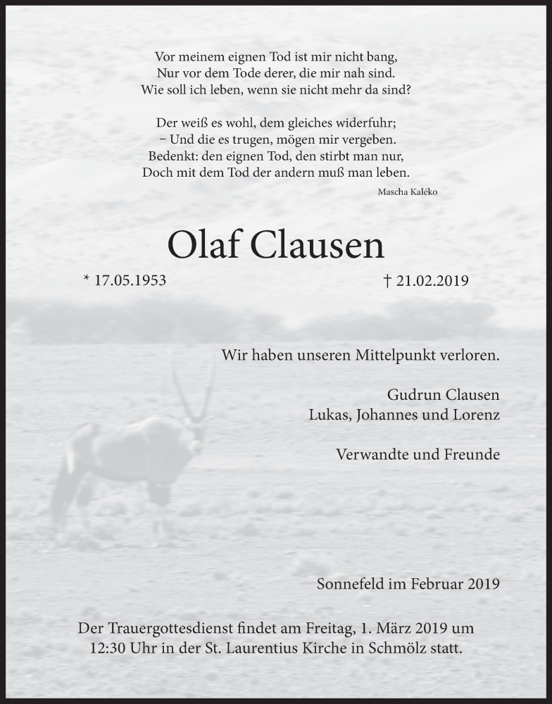  Traueranzeige für Olaf Clausen vom 27.02.2019 aus MGO