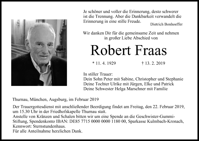  Traueranzeige für Robert Fraas vom 16.02.2019 aus MGO