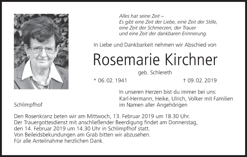  Traueranzeige für Rosemarie Kirchner vom 12.02.2019 aus MGO