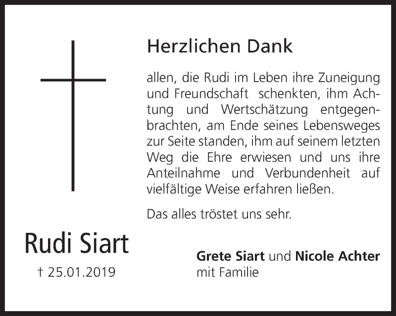  Traueranzeige für Rudi Siart vom 13.02.2019 aus MGO