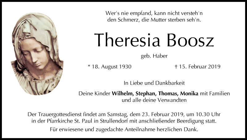  Traueranzeige für Theresia Boosz vom 20.02.2019 aus MGO