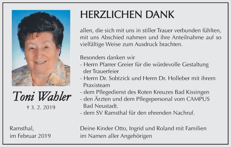 Traueranzeige für Toni Wahler vom 23.02.2019 aus MGO