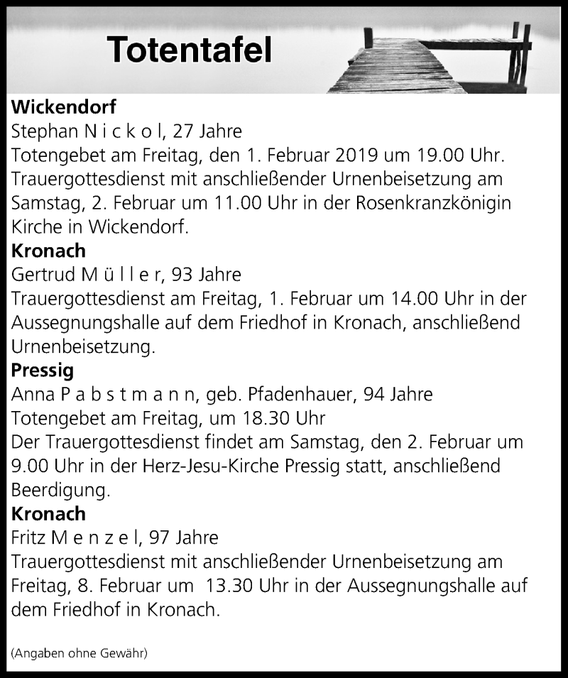  Traueranzeige für Totentafel vom 01.02.2019 vom 01.02.2019 aus MGO