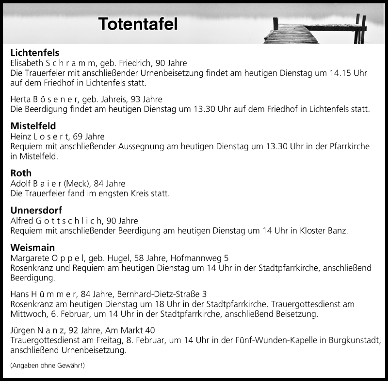  Traueranzeige für Totentafel vom 05.02.2019 vom 05.02.2019 aus MGO