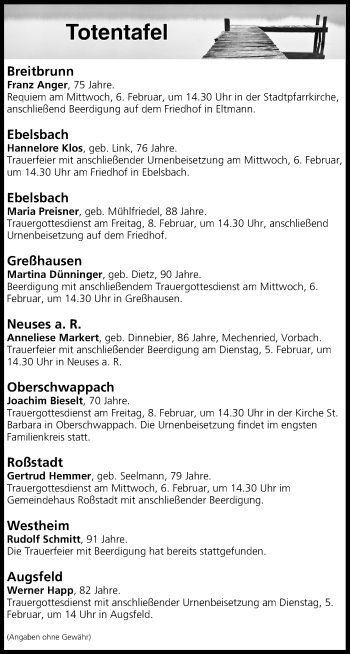 Anzeige von Totentafel vom 05.02.2019 von MGO
