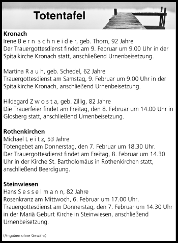 Anzeige von Totentafel vom 06.02.2019 von MGO