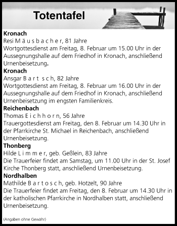 Anzeige von Totentafel vom 07.02.2019 von MGO