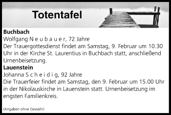 Anzeige von Totentafel vom 08.02.2019 von MGO