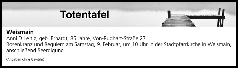  Traueranzeige für Totentafel vom 09.02.2019 vom 09.02.2019 aus MGO