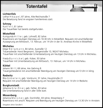 Anzeige von Totentafel vom 12.02.2019 von MGO