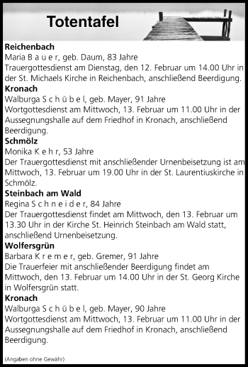 Anzeige von Totentafel vom 12.02.2019 von MGO