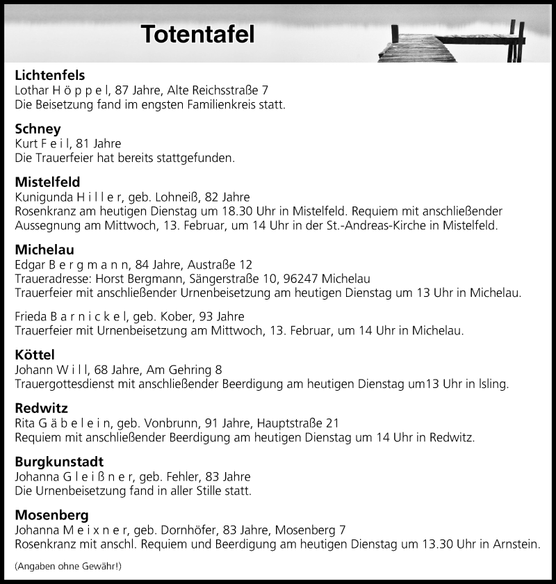  Traueranzeige für Totentafel vom 12.02.2019 vom 12.02.2019 aus MGO