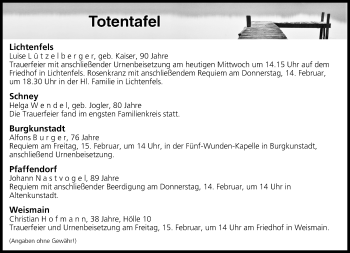 Anzeige von Totentafel vom 13.02.2019 von MGO